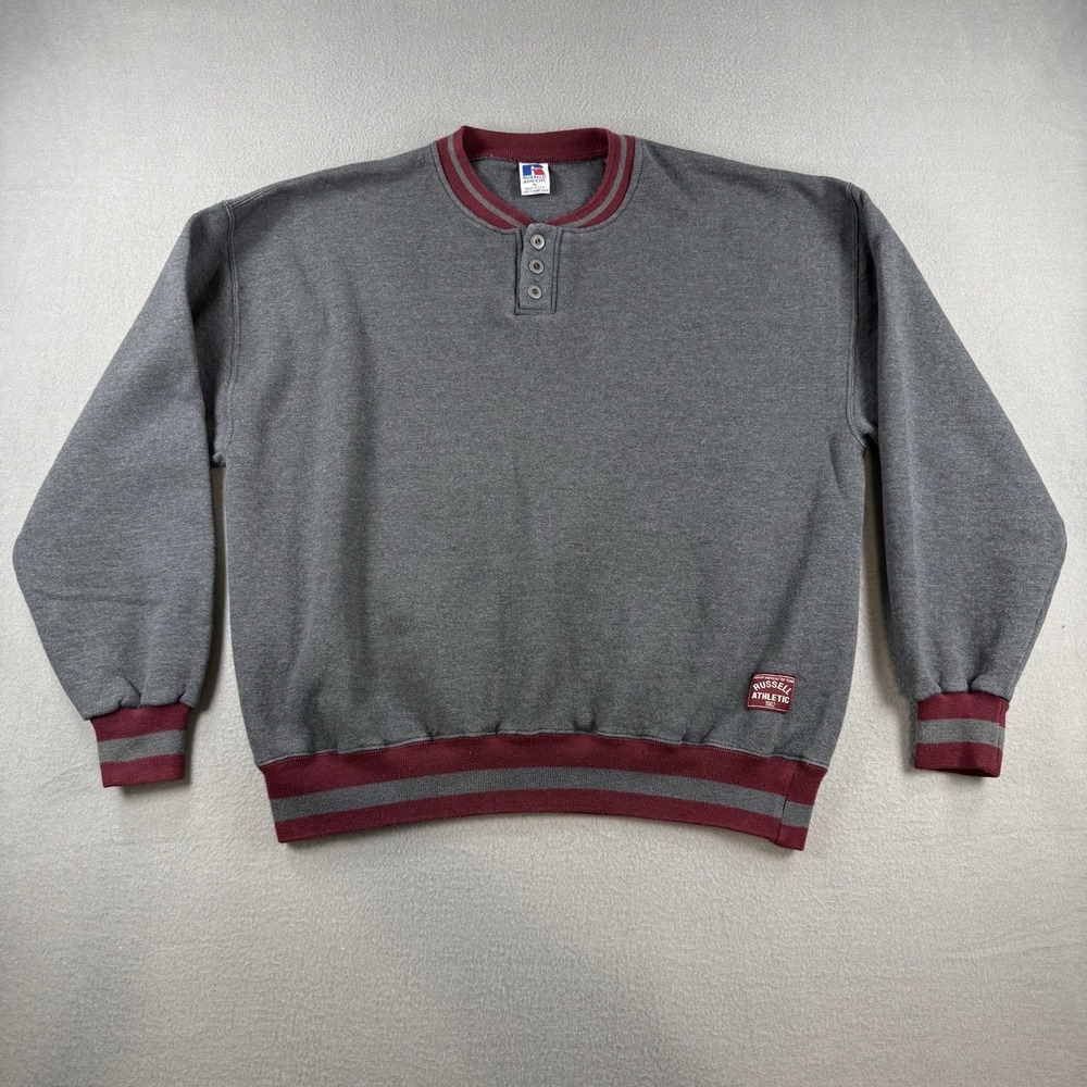 Vintage Russell Athletic Henley Sweatshirt XL Gray Maroon Made in USA Striped